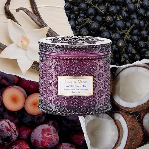 Miniatura 2 de LA JOLIE MUSE Vela Vanilla Plum Sky - Coco, Vainilla, Ciruela  12 oz Vela grande de cera de soja de 2 mechas  60 horas de combustión limpia  Ideal