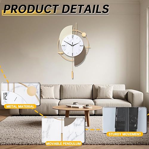 Miniatura 3 de FILLOVE Reloj de pared decorativo grande con péndulo para sala de estar, medio círculo blanco mate y rayas grises festoneadas, esfera de mármol