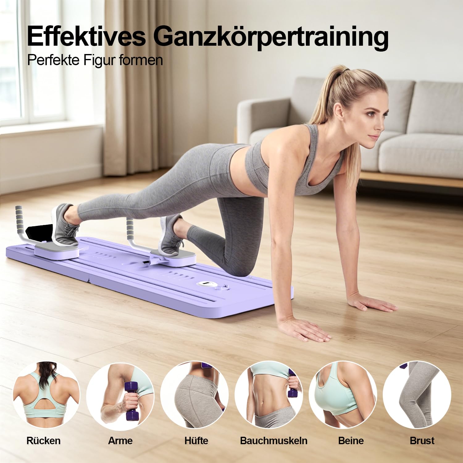 Pilates Reformer Board, Multifunzione 8 in 1 Pilates Reformer Pieghevole, Tavola da Pilates per Casa, Allenamento Completo, Rimbalzo Automatico, Barra da Pilates, Corda Elastica, Timer
