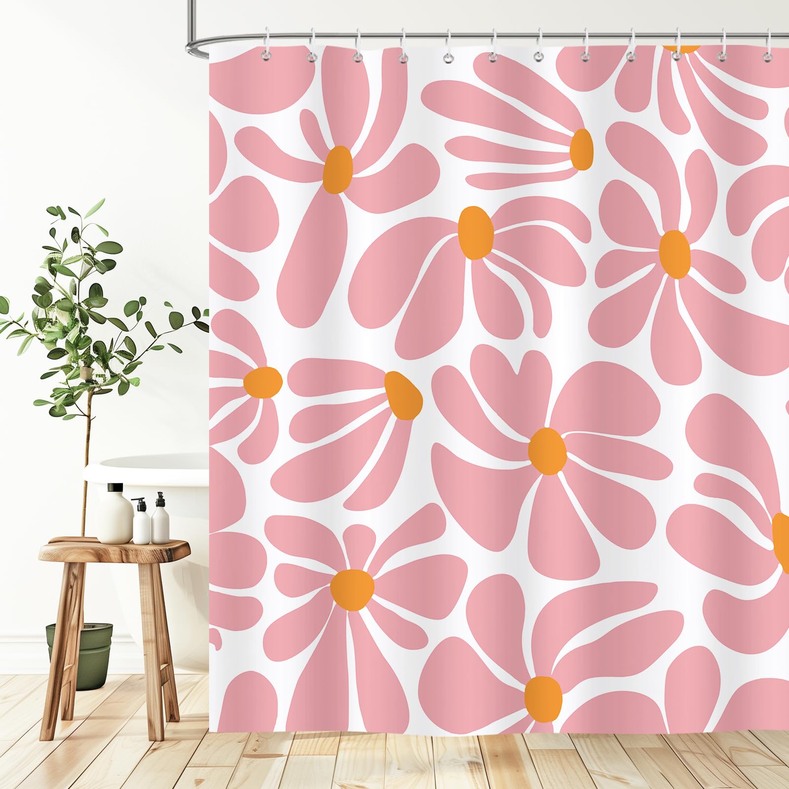 BREASOME Shower Curtain 180 x 180 cm Pink Abstract Floral Shower Curtain for Bathroom Decor Mould Proof Waterproof Polyester Fabric Bath Curtain with 12 Hooks - Image 3