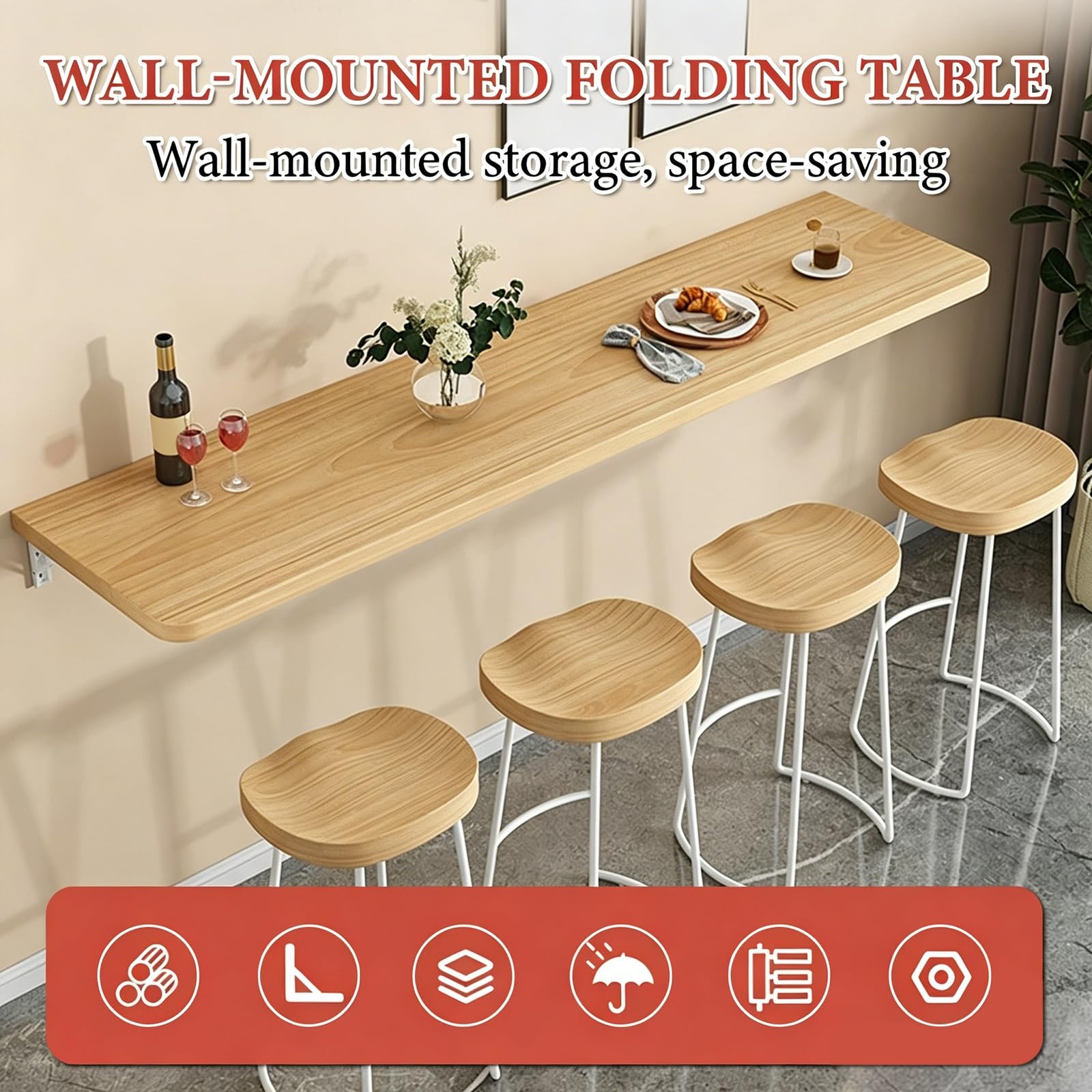 Bureau Mural Rabattable en Bois Massif Table Pliante Murale pour Petits Espaces Bureau Pliable Murals avec Support en Fer pour Maison et Bureaus Plan de Travail D'établi(80x35cm/31.5x13.8in)