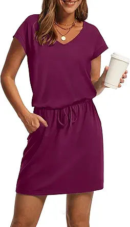 OFEEFAN Summer Dresses for Women 2025 V Neck T Shirt Casual Mini Dresses Tie Waist Sundresses wit...