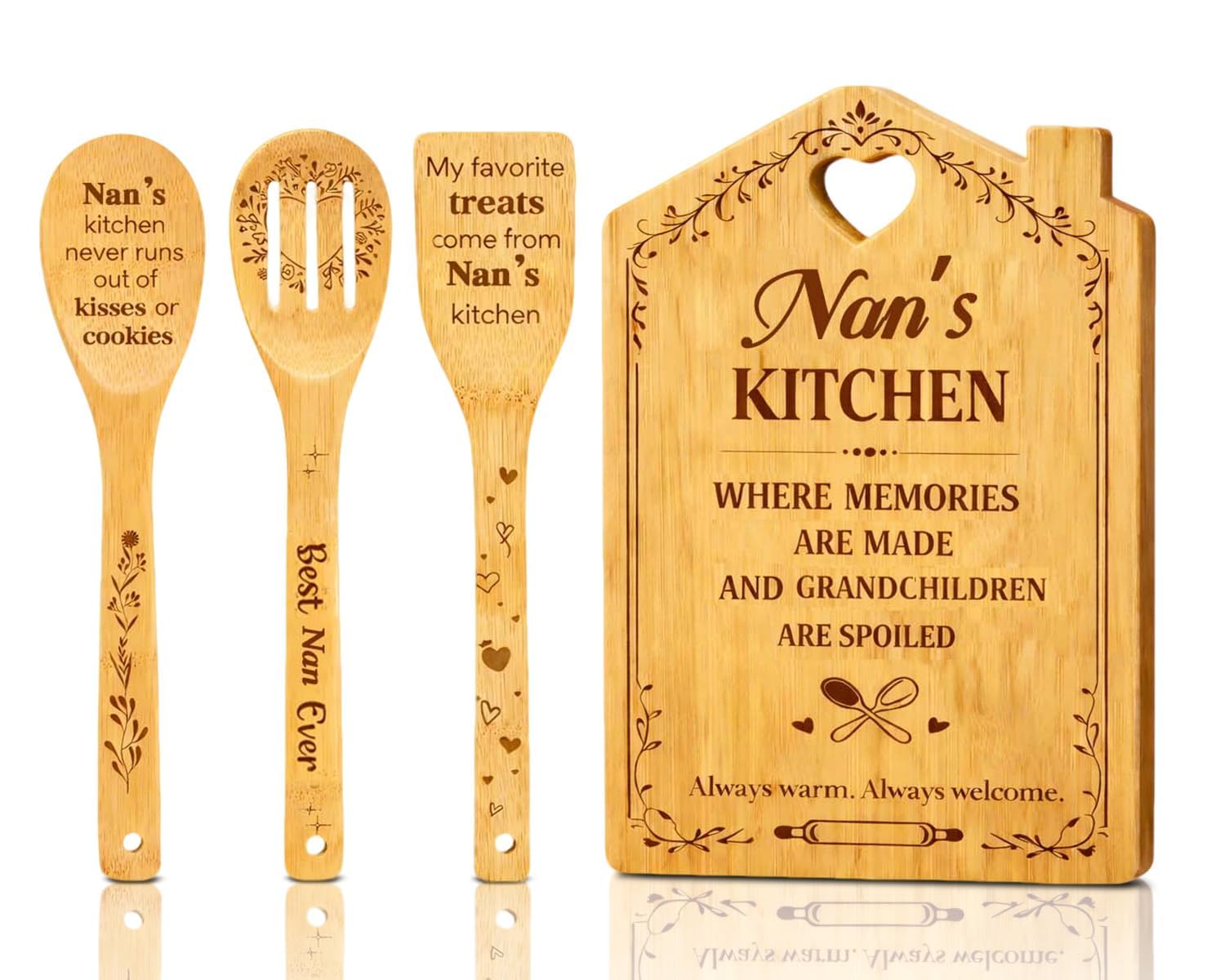 Nan Gifts - Nan Mothers Day Birthday Gifts, Handmade Bamboo Cutting Board & Wooden Spoon Set, Unique Engraved Kitchen Presents for Nana from Grandchildren, Christmas Birthday Gift Nana