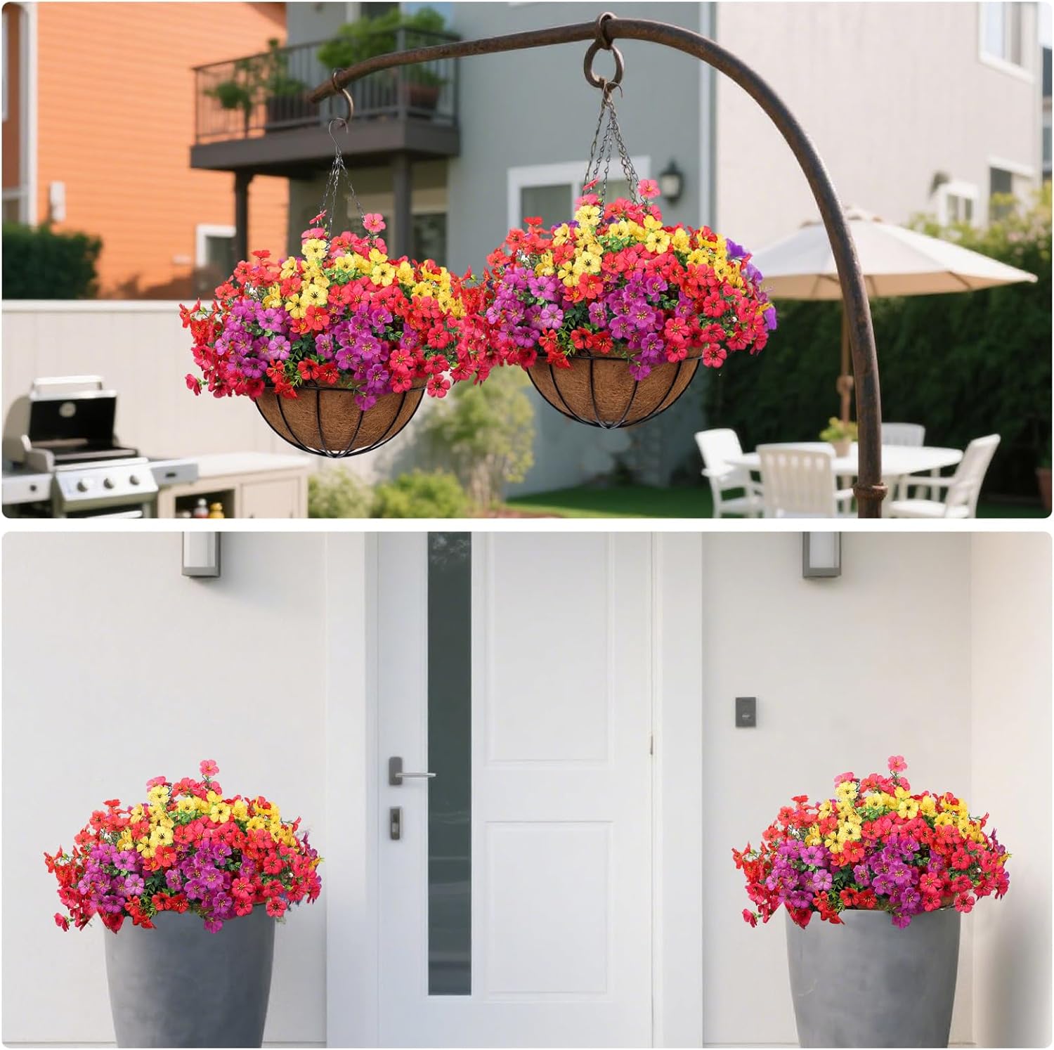 2 Pack Outdoor Artificial Flowers with Hanging Basket, Outdoor Fake Hanging Flowers for Spring Summer Front Porch Patio Yard Garden Home Decor (Red, Purple, Yellow, Hot Pink)