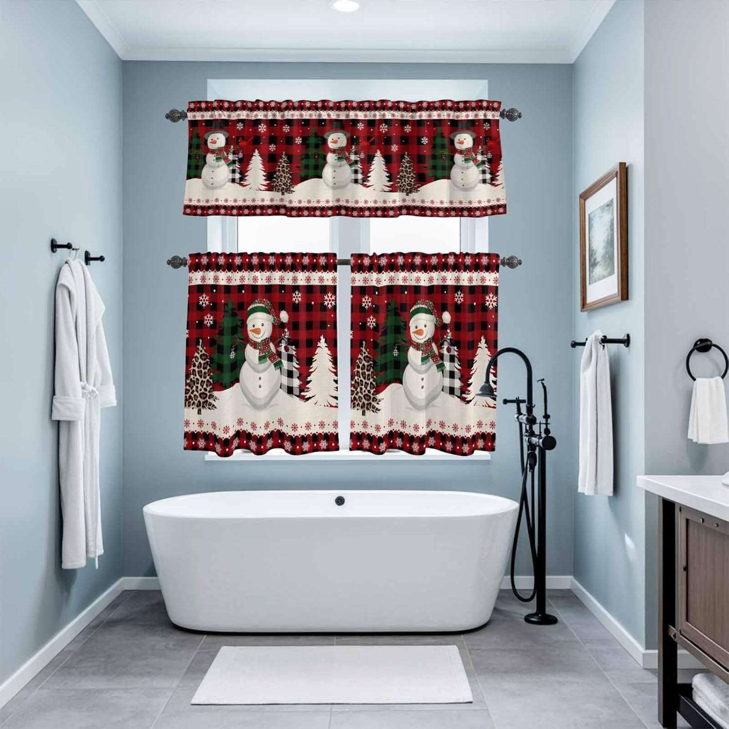 Christmas Snowman Valance and Tier Set of 3,Xmas Tree Window Curtain Rod Pocket Vlances for Kitchen,Retro Red Buffalo Plaid Privacy Panel Drapes Light Filtering Short Curtains for Bedroom