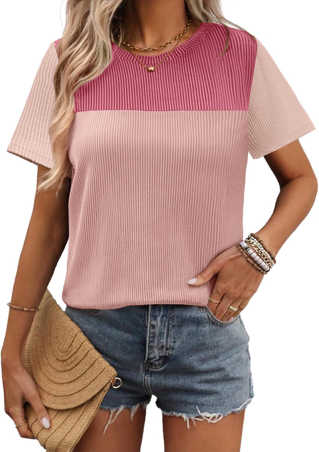 Zeagoo Womens Casual Summer Tops Short Sleeve T Shirts Crewneck Basic Tees Blouses Color Block Tunic Tops - Image 4