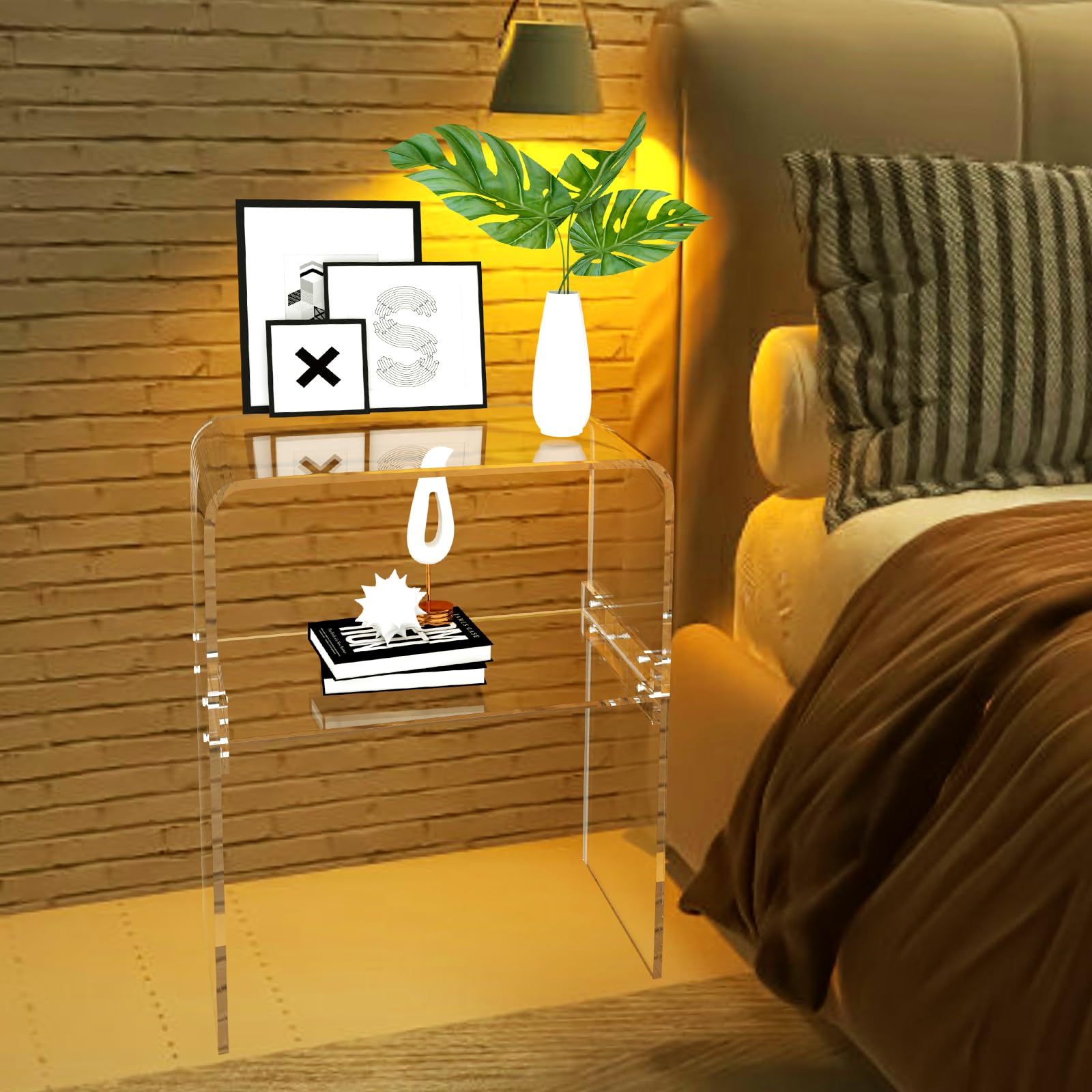 Modern Acrylic Nightstand, 23.6" Clear Side Table with Open Storage Shelf, Bedside Table End Table for Living Room, Bedroom, Home Decor,10 MM Thick