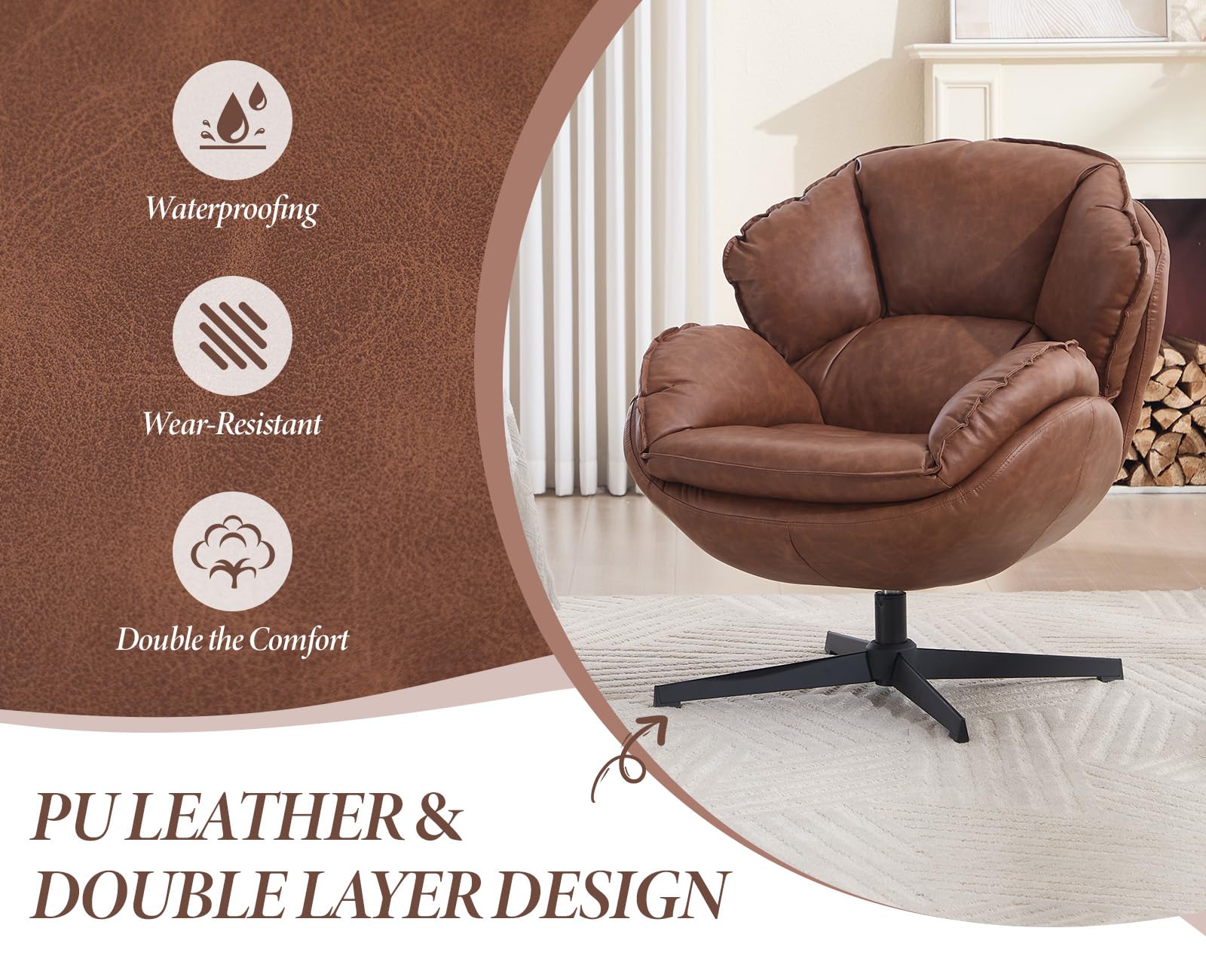 chairus Poltrona Girevole Salotto in Ecopelle Poltrona Imbottita Non-Regolabile Poltroncina Boucle con Gambe in Metallo Poltroncina Moderna per Soggiorno/Camera da Letto, Marrone