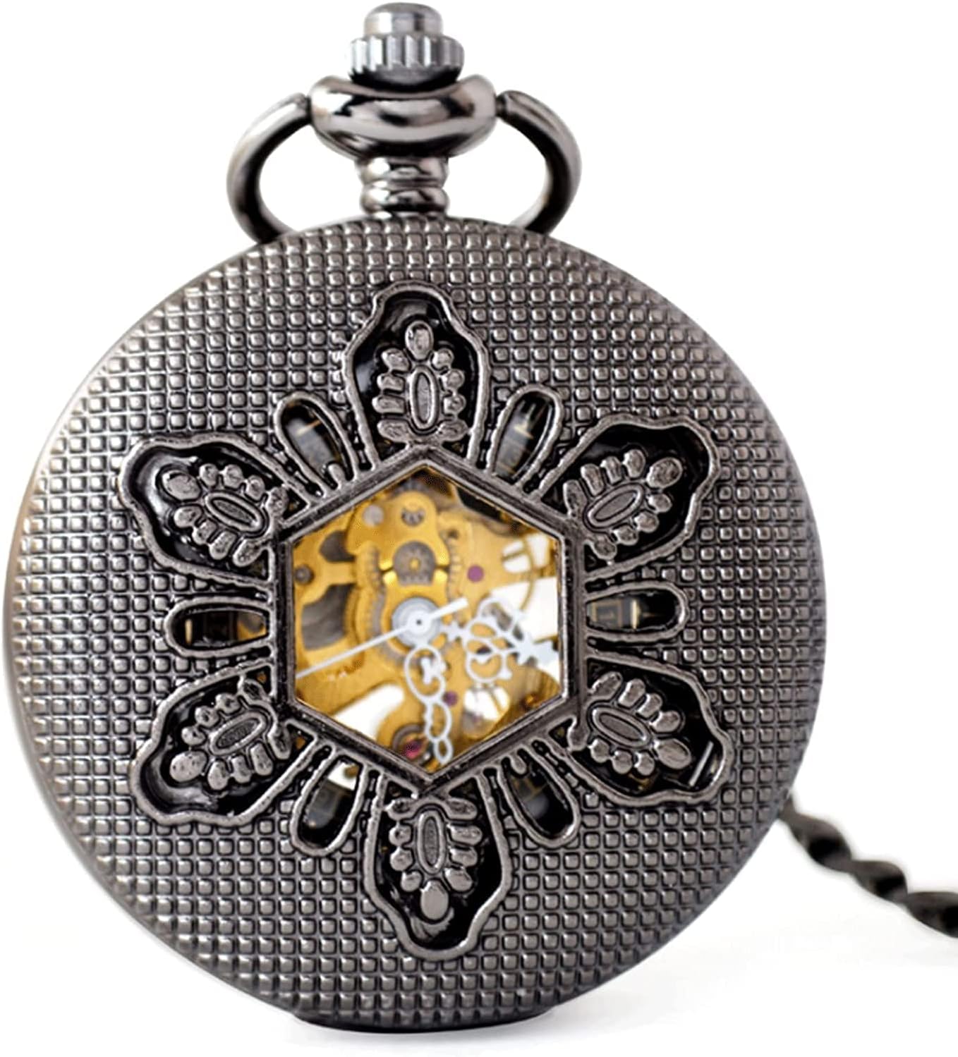 JYYBN Pocket Watch Skeleton Mechanical Double Case Hand-Wind Roman Numerals Antique Chain Mens