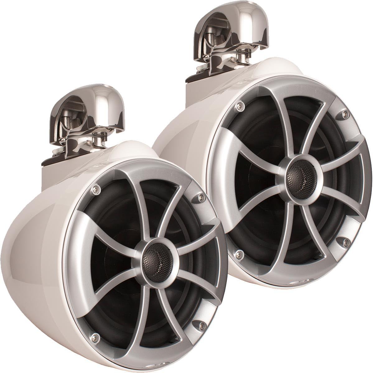 Wet Sounds ICON8W-SC 8" White Tower Speakers with Stainless Steel Swivel Clamps & SYN-DX2.3 1200 Watt Amplifier