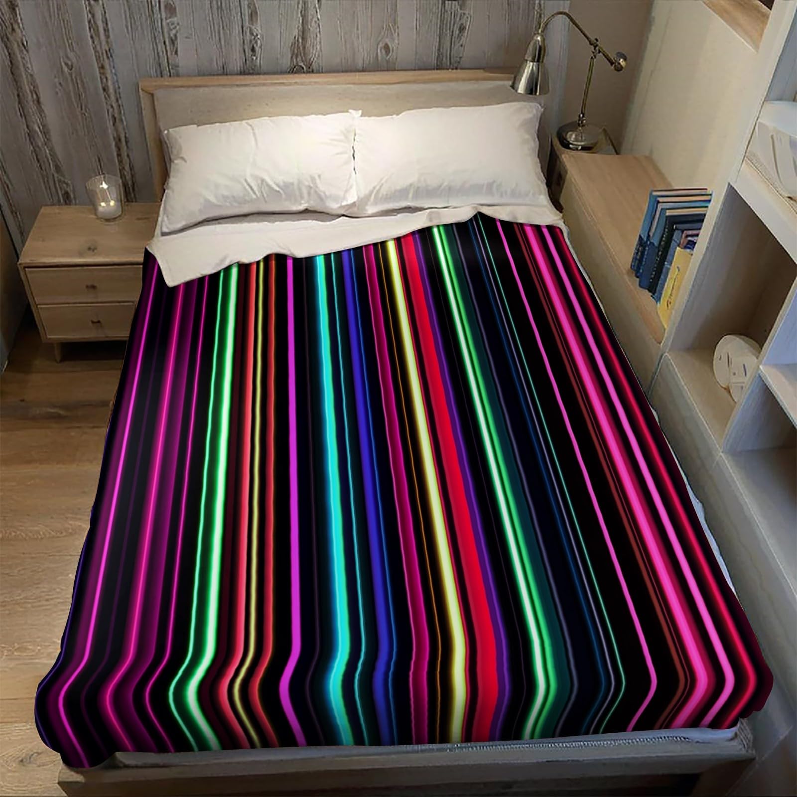 Couverture Polaire Rayures néon 220x240 cm Plaid Flanelle Super Doux et Chaud, Léger et Confortable, Jeté de Canapé, Couverture Voyage Enfant et Adulte, Noir