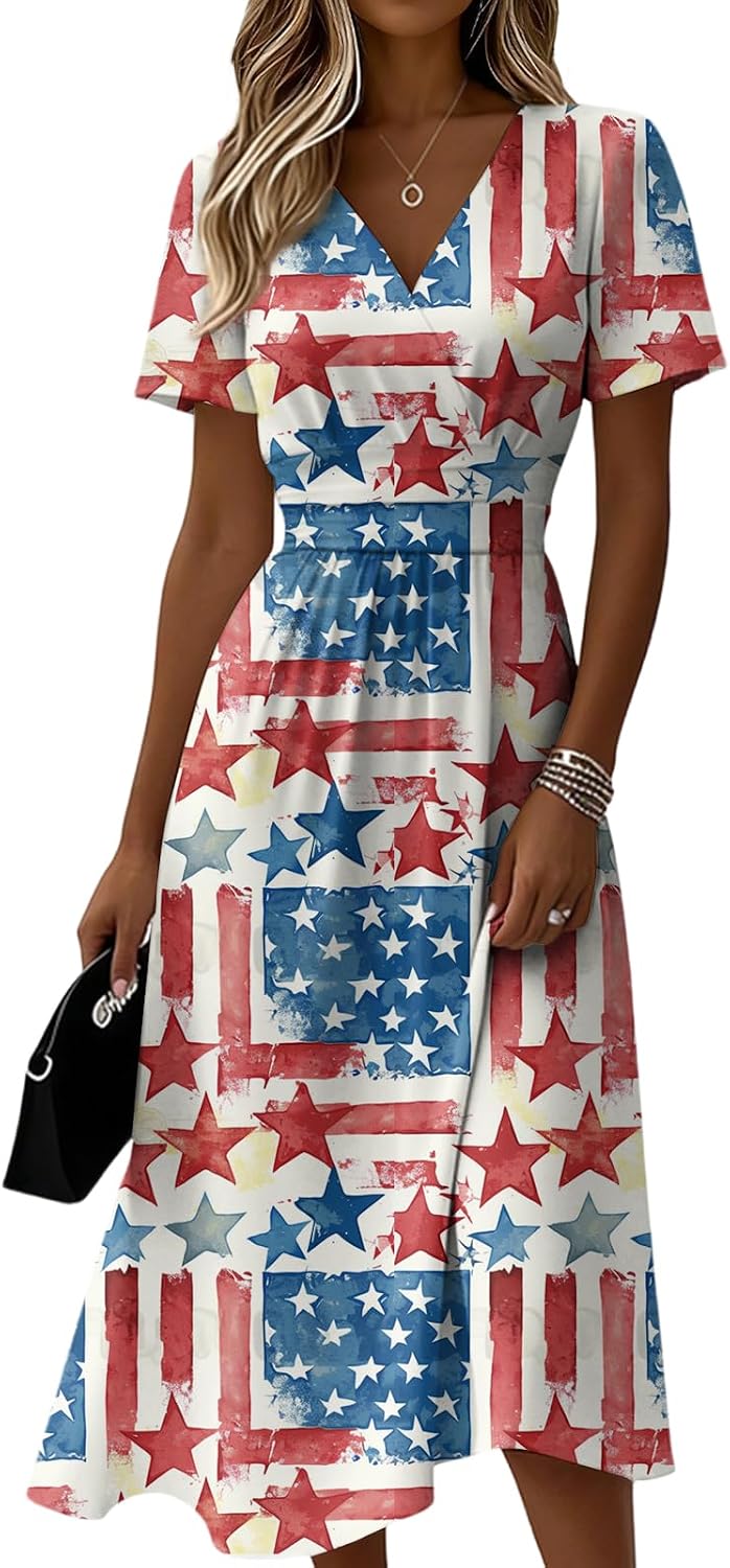Women's 4Th of July Dresses Summer Patriotic American Flag USA Casual Short Sleeve V Neck 250 Anniversary Dress