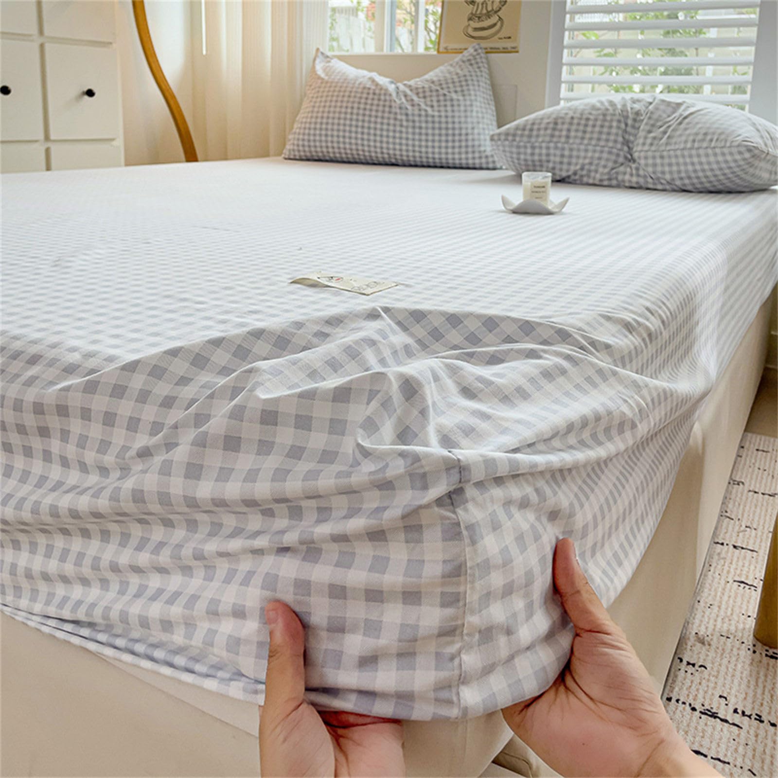 Odot Plaid Fitted Sheet Single Double King Size Bed, All Around Elastic Fitted Sheet Deep Pocket Fitted Sheets Microfibre Bed Sheets Fade Resistant Fitted Bed Sheet (90x200+25cm,Blue Gingham)