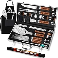 ROMANTICIST 26-Piece Stainless Steel BBQ Grill Tool Set with Apron, Thermometer, Mats & Aluminum Case - Dad Gifts