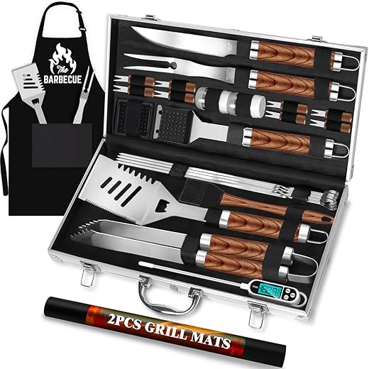 ROMANTICIST 26pcs Grilling Gifts for Men, Dad Gifts for Father's Day, Stainless Steel BBQ Grill Accessories Tools Set, Heavy Duty BBQ Utensils Kit with Apron, Thermometer, Mats in Aluminum Case Brown