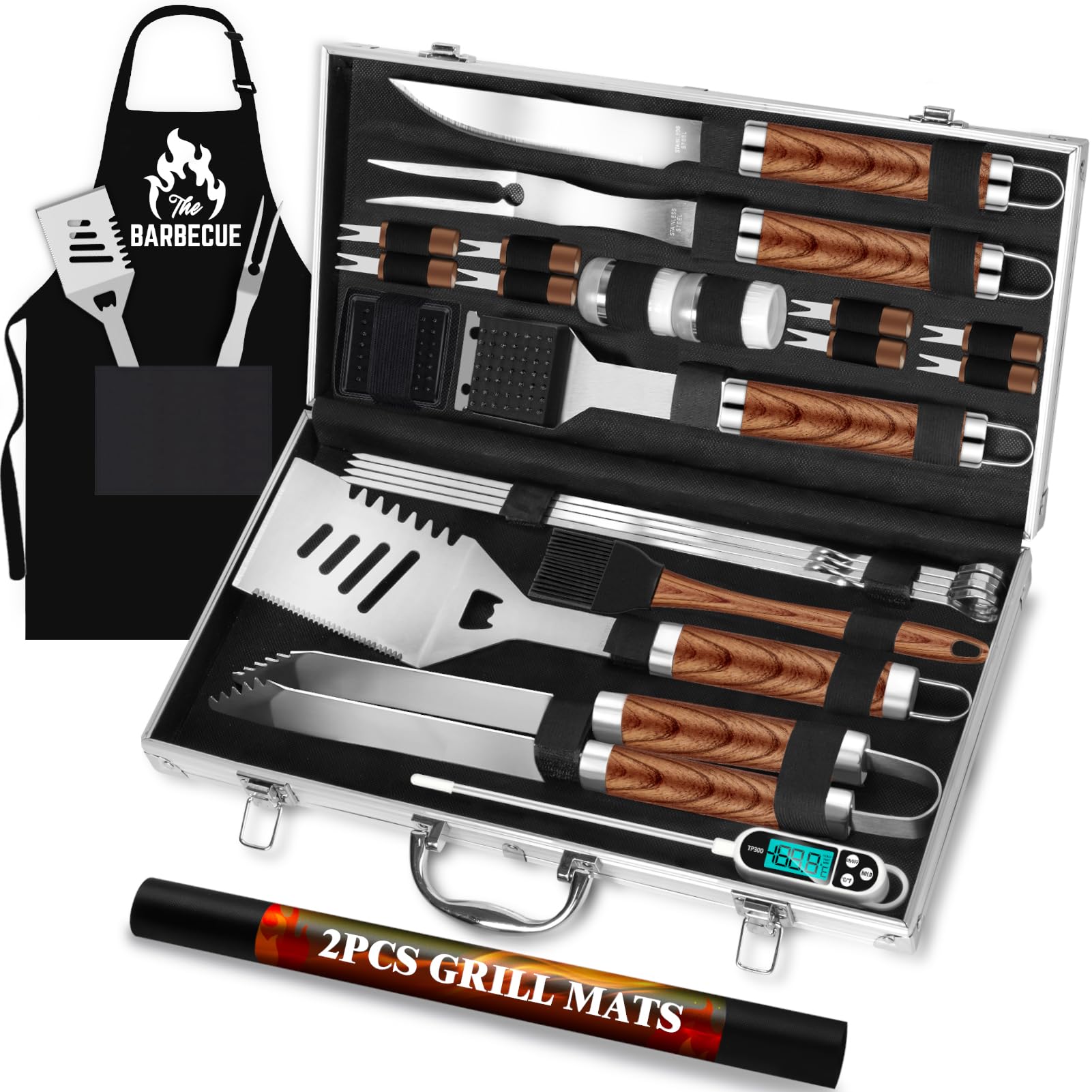ROMANTICIST 26pcs Stainless Steel Grill Tool Set, Heavy Duty BBQ Grilling Accessories Gifts for Men Dad, Non-Slip Grill Utensils Kit with Apron, Thermometer, Mats in Aluminum Case for Christmas Brown