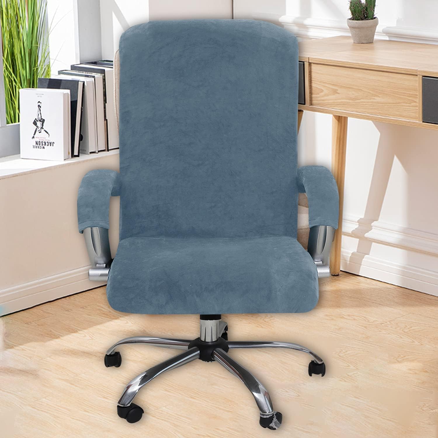 Velvet Office Chair Cover with Arm Covers Stretch Computer Desk Chair Covers Universal Boss Swivel Chair Covers Gaming Chair Covers (Gray Blue,Medium)