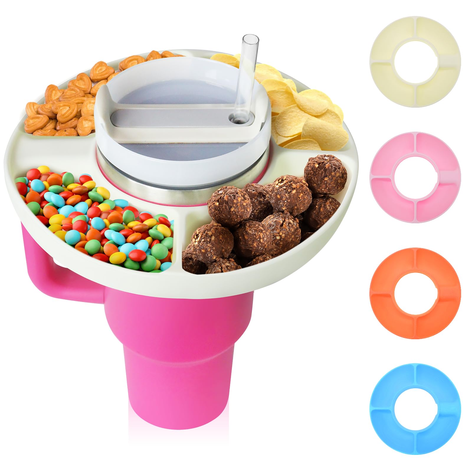 Snack Bowl for Stanley 40 oz Tumbler with Handle, Upgrade Silicone Tray 4 Compartments, Reusable Ring Cup Quencher 1.0/2.0, Accessories (White)