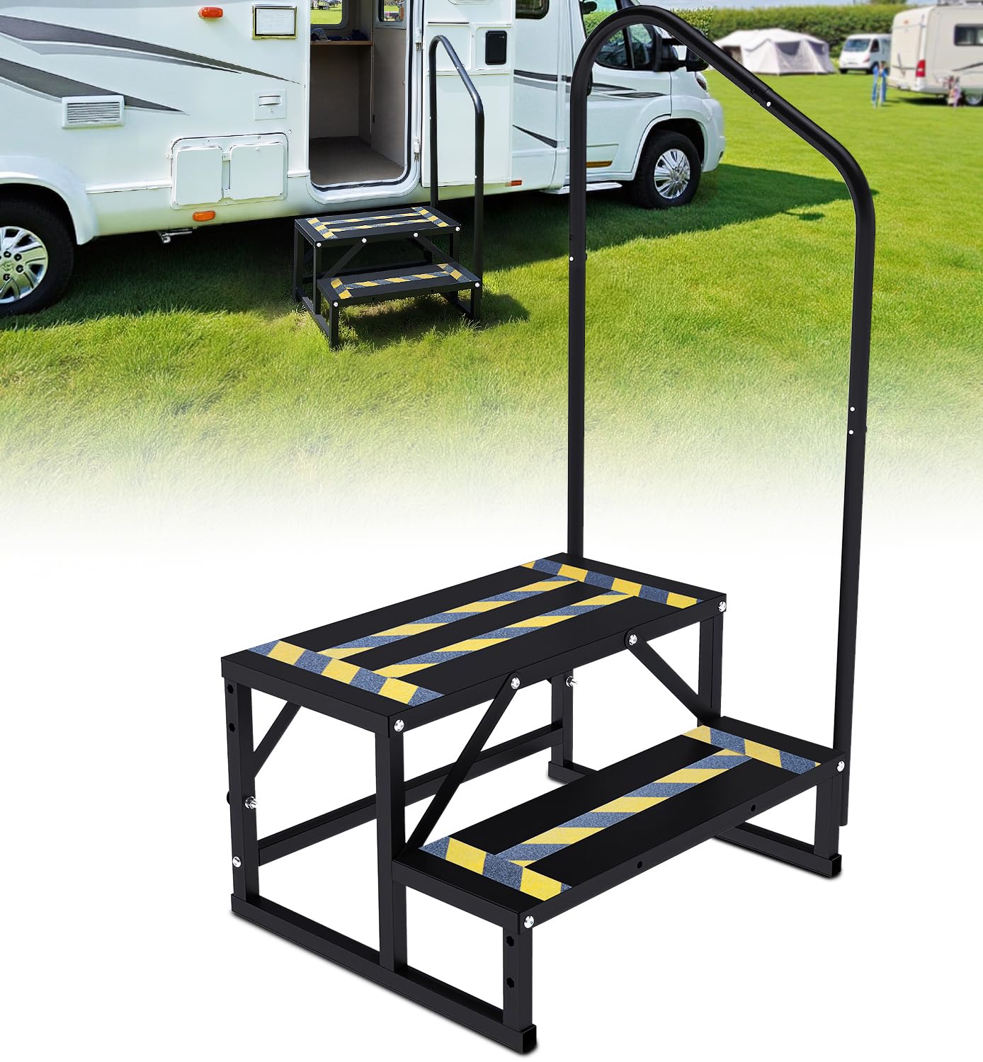 RV Mobile Home Steps with Handrail, 2-Step Camper Entry Stairs