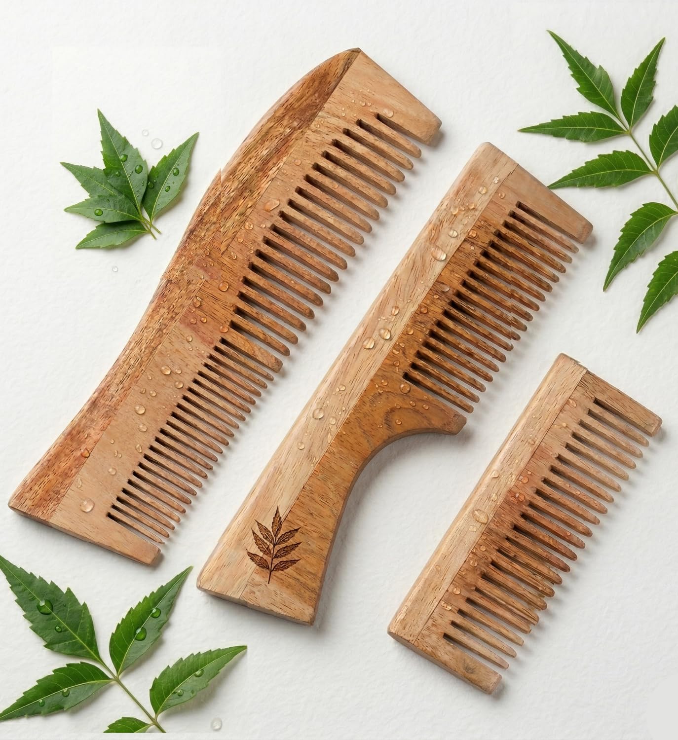 Neem Wooden Comb Set for Women & Men | Wooden combs combo Hair Comb Set | Kachi neem comb for Women for Hair Growth | Dandruff remover comb Neem Wood Kangi for Hair (Pack of 3)-image-1