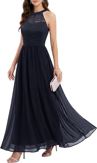 Wedtrend Womens Formal Dress, Halter Long Prom Dress Floral Lace Bridesmaid Dresses