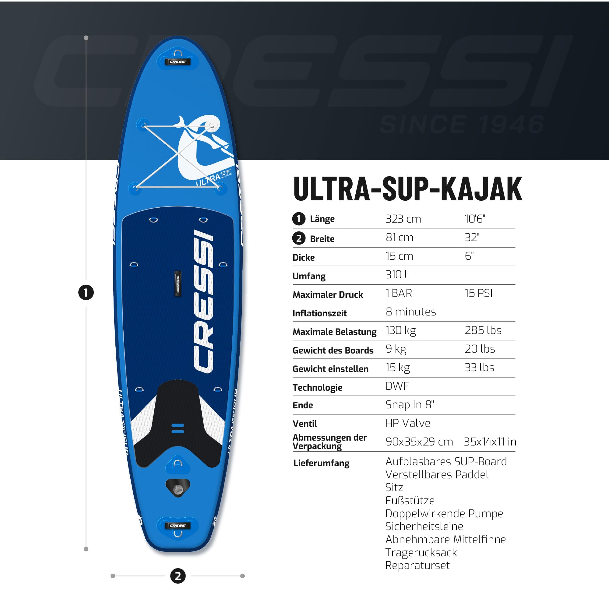 CRESSI seit 1946 - Ultra Isup/Kayak Set - Aufblasbares SUP Board für Erwachsene Große Stabilität Strapazierfähigkeit Komplett Zubehör Paddel Flosse Pumpe Leine Tasche_320x81x15 cm Max 130 kg