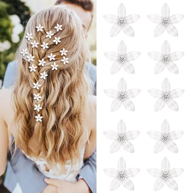 10 Pcs White Flower Hair Pins - Mini Rhinestone Hair Clips for Women & Girls