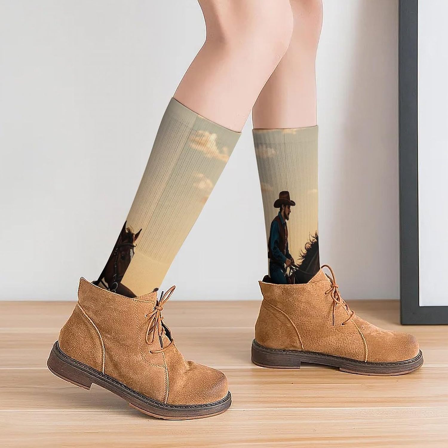 Breathable Crew Sock, Moisture Wicking, Athletic Calf Socks, Cozy | Cowboys Riding Horses Compression Socks for Women Men, Lightweight High Work Socks for Business, Casual