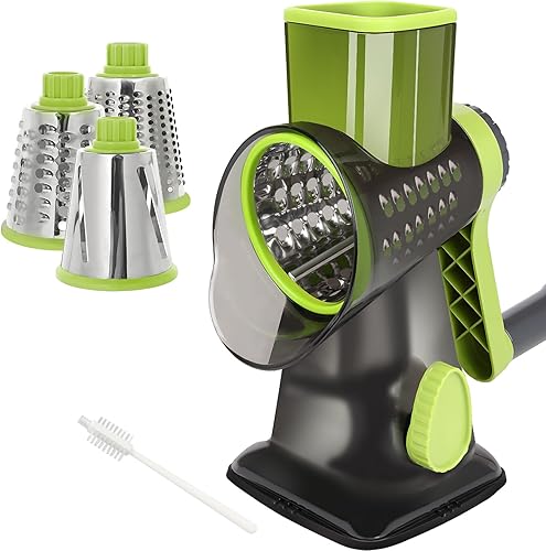 Miniatura 12 de Rallador de queso con manivela de mano, trituradora giratoria de verduras con asa, ralladores 3 en 1 con cuchillas intercambiables y base de succión