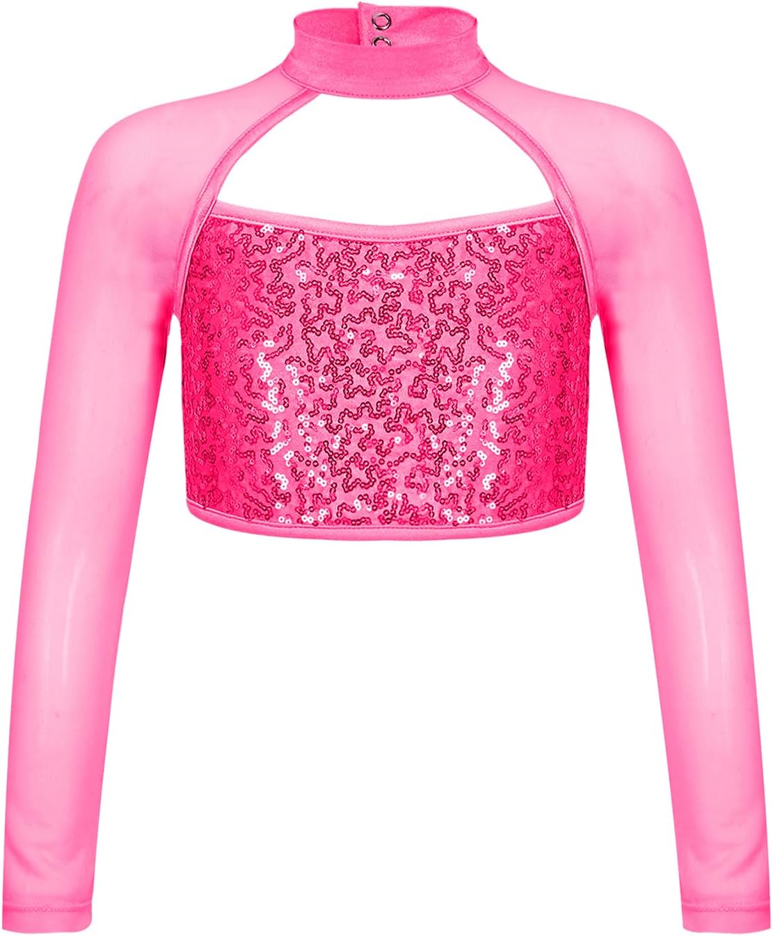 FEESHOW Girls Sequins Long Sleeve Metallic Dance Crop Tops Kids Tank Tops for Hip Hop Jazz Gymnastics Ballet Dance