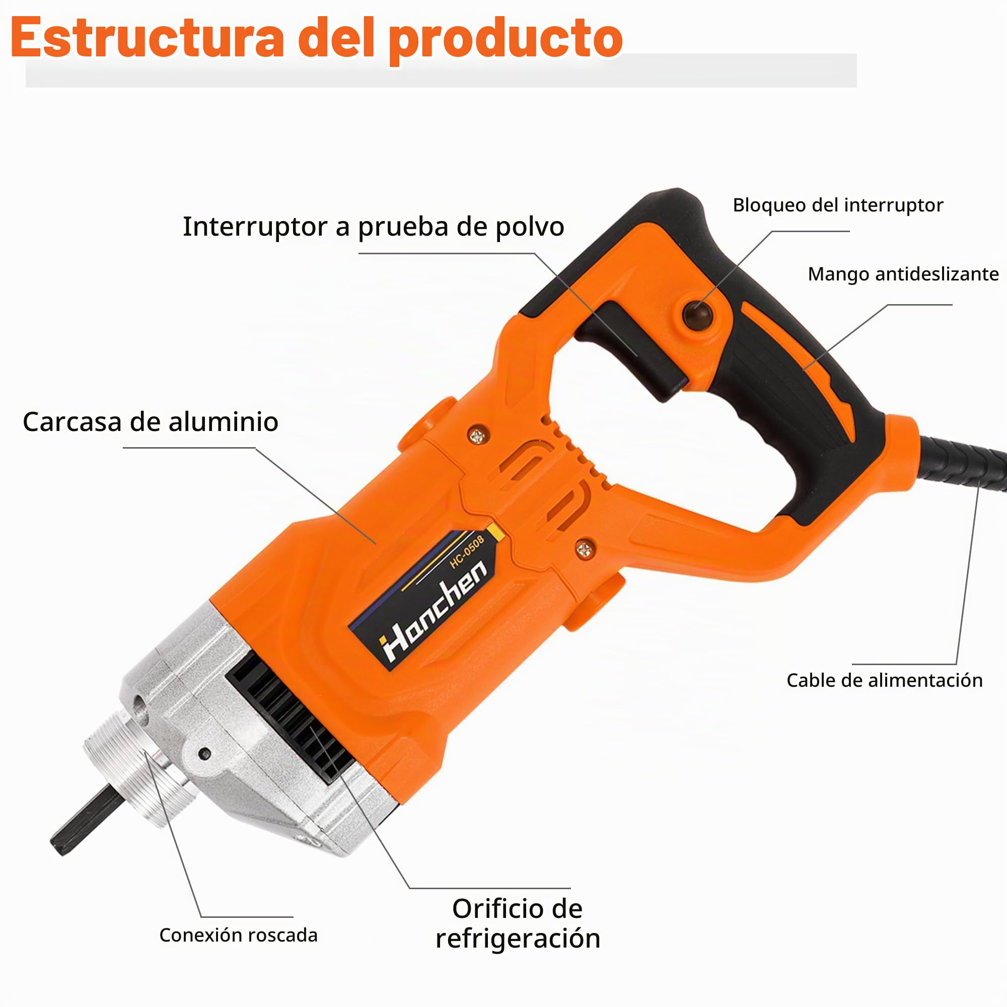 Hanchen Vibrador de Hormigón Eléctrico 1280W Hormigonera Industrial Diámetro 35mm con Manguera de 1.5/2m