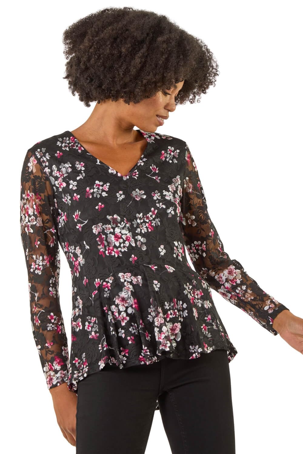 Roman Women's Black Printed Mesh V-Neck Top In Size 14