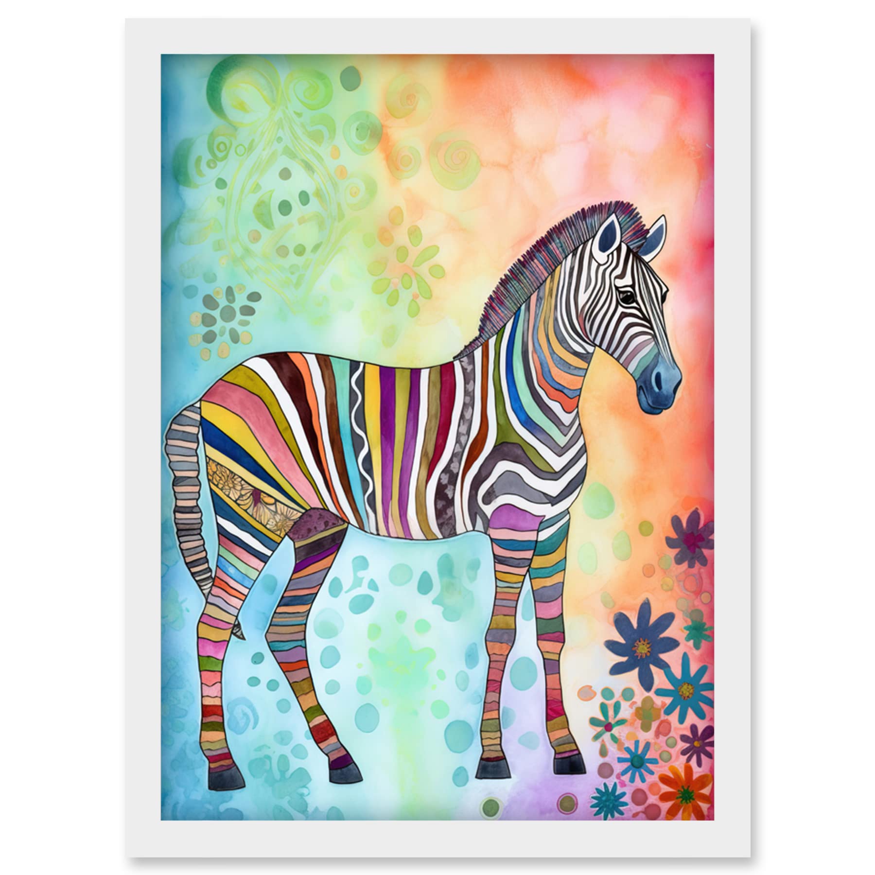 Artery8 Rainbow Floral Zebra Folk Art Artwork Framed Wall Art Print A4