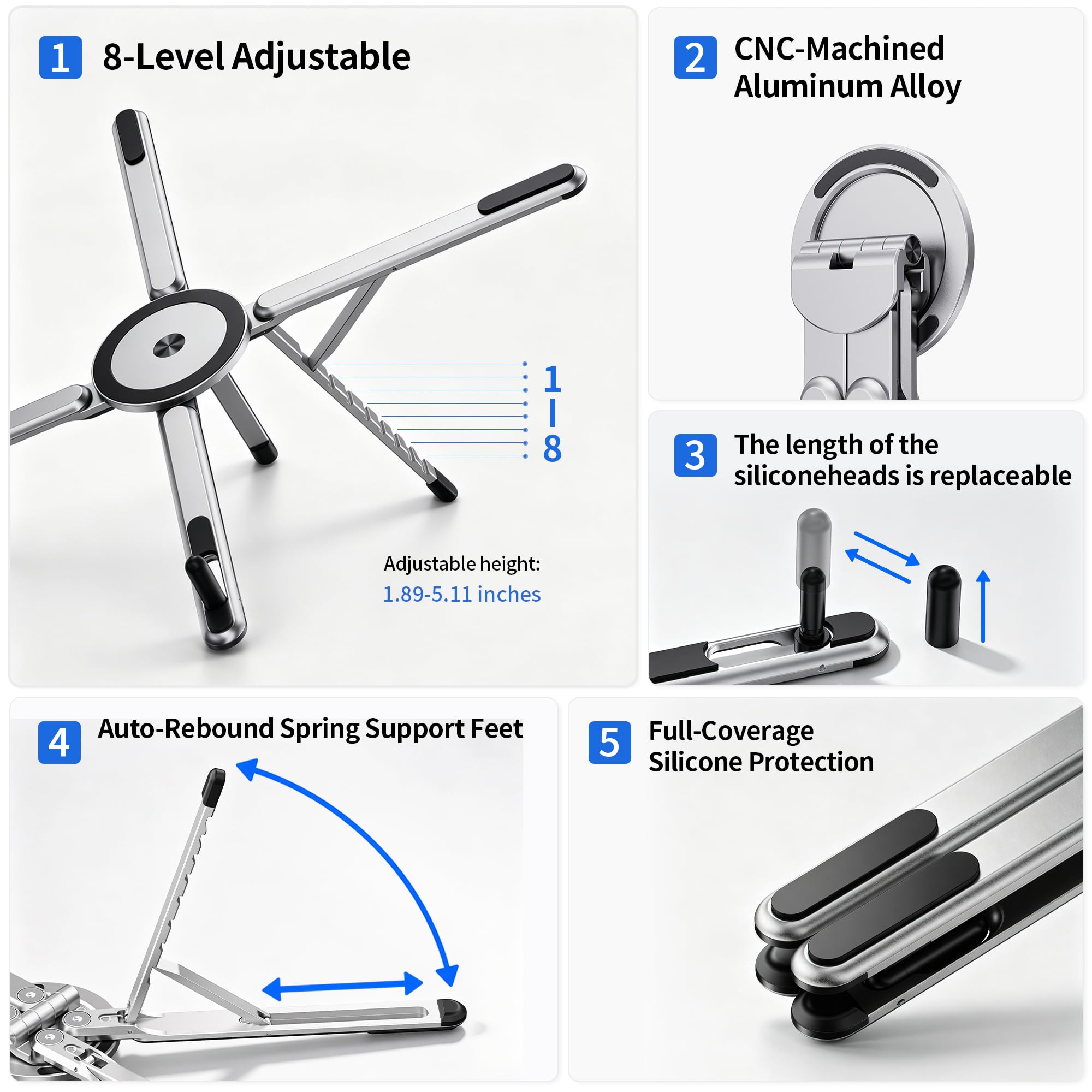Soporte magnético plegable versátil 3 en 1 para teléfono, tableta y laptop, soporte ergonómico de aleación de aluminio de 8 niveles de altura ajustable para escritorio, soporte portátil para