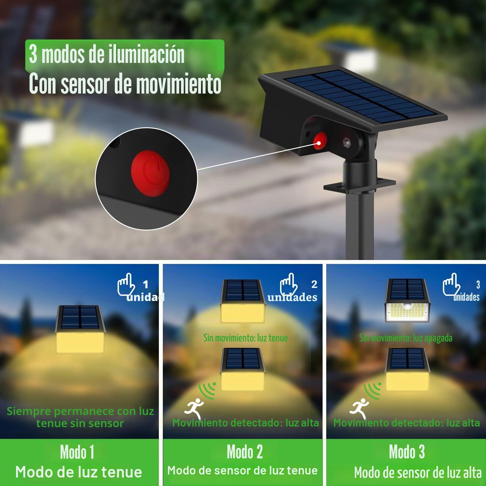 nipify Luces Solares LED Exterior Jardin con Sensor de Movimiento，[3 Paquete/62 LED/3 Modes], IP65 Focos Exterior Solares Potente Lamparas Suelo para Patio,Caminos,Terraza,Suelo,Césped, Blanco Cálido