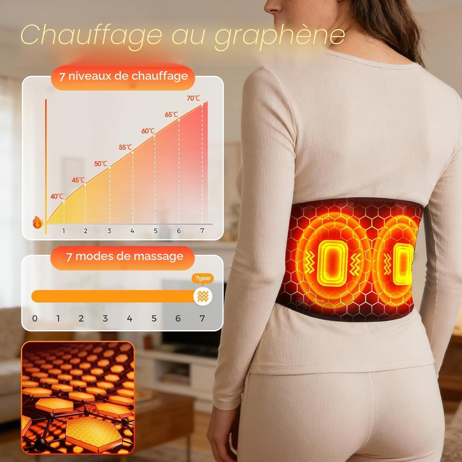 Ceinture chauffante dorsale avec application et bouton pression, batterie de 5000 mAh, ceinture chauffante sans fil, avec 7 niveaux de chaleur et 7 niveaux de vibration, bandage dorsal, coussin