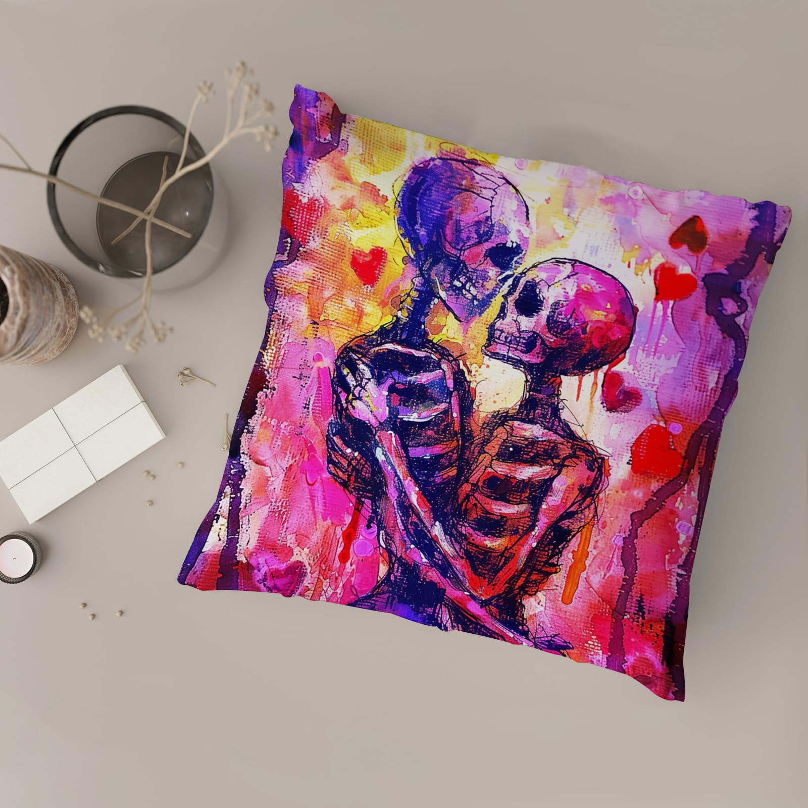 Set di 2 federe per cuscini con scheletro, colorate, gotiche, per Halloween, decorative, quadrate, bohémien, per casa, divano, letto, 50 x 50 cm