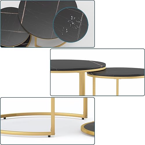 Miniatura 5 de Juego de 2 mesas auxiliares redondas modernas de 34 pulgadas para sala de estar, balcón, oficina, mesa auxiliar de madera con marco de metal dorado