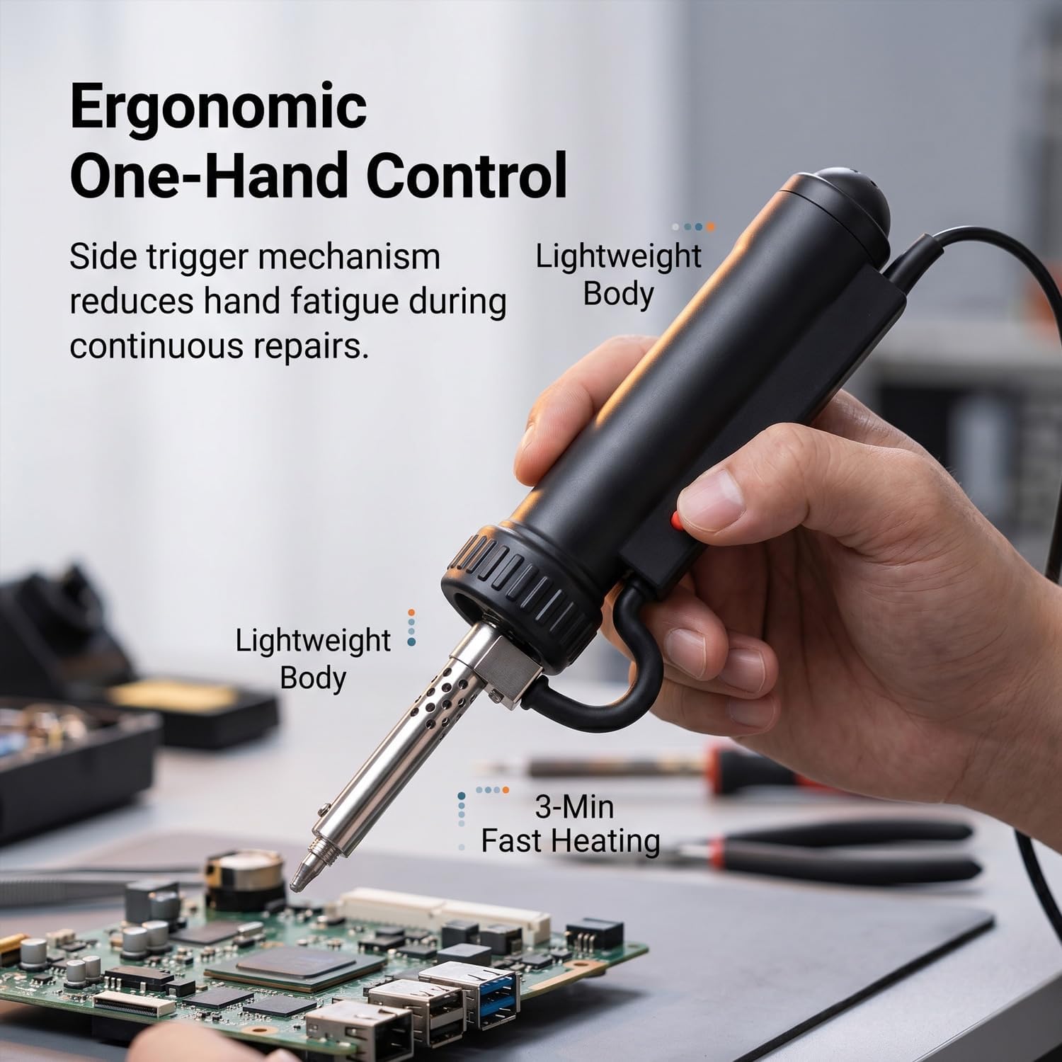 QWORK Automatic Electric Solder Sucker Vacuum, 30W One-Handed Desoldering Pump with Strengthened Suction, Multiple Nozzle Sizes, and Easy Cleaning for Long-Term Electronic Repairs