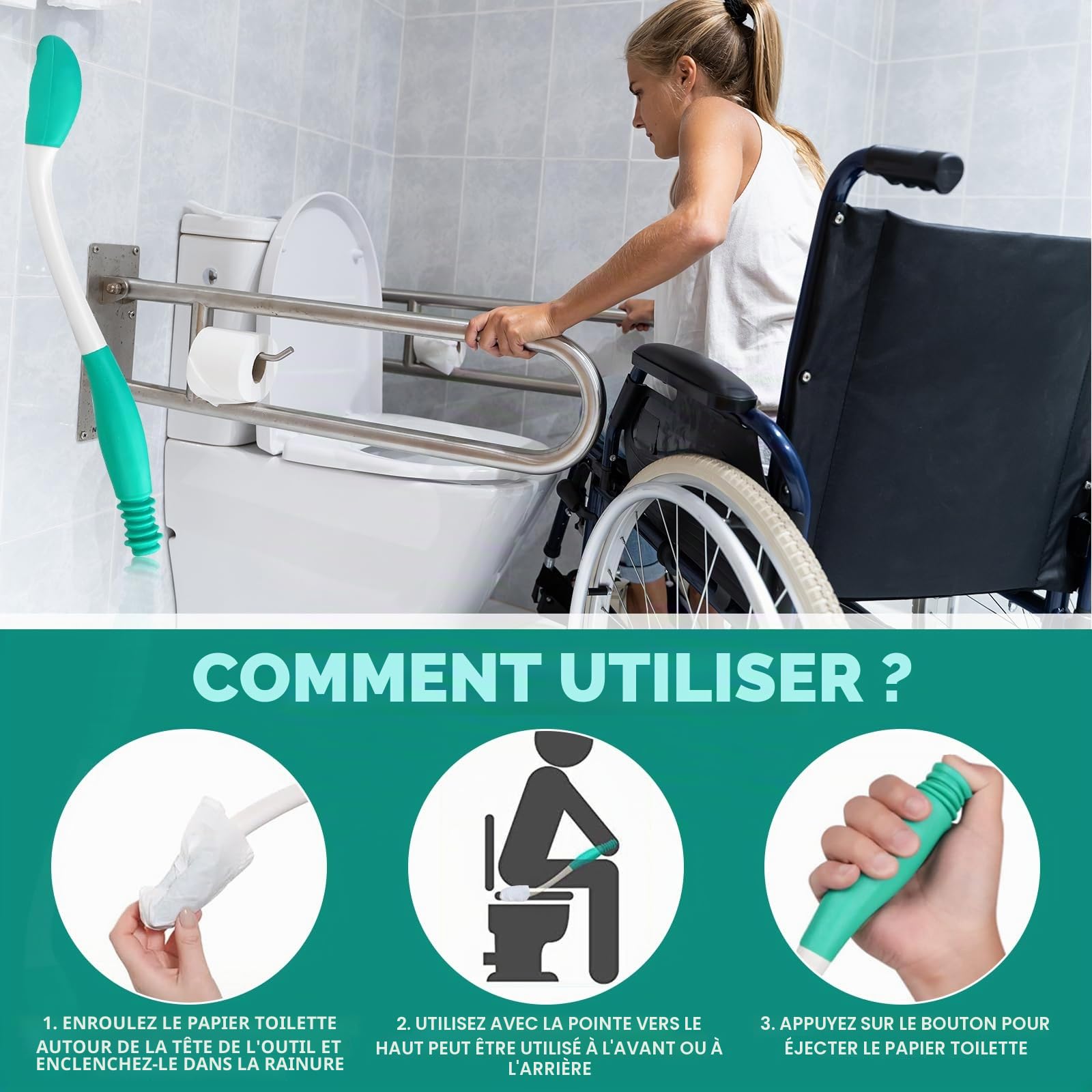 Aide à L'essuyage des Toilettes, Pliable Essuie Fesse Aide aux Toilettes pour Handicapée Agée Femme Enceinte