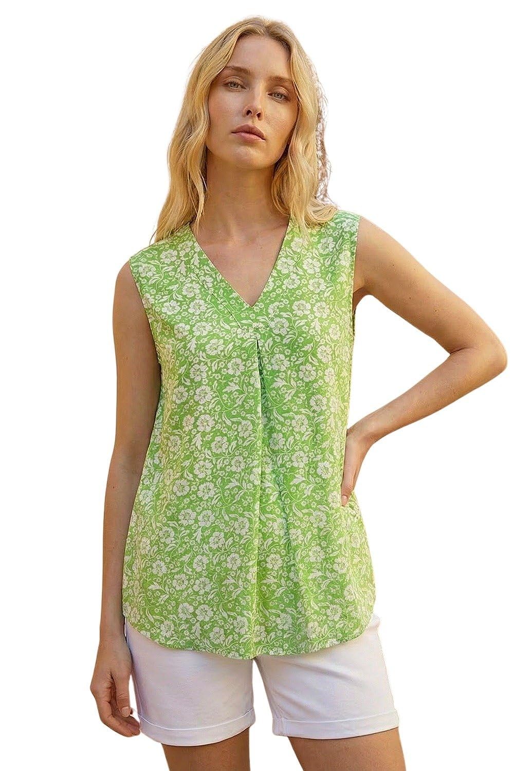 Roman Originals Women's Green Floral Pleated Vest Tank Top Sleeveless Blouse Shirt Tunic Summer Autumn Holiday V-Neck Work Office Cocktail Party Special Occassion Going Out - Size 14