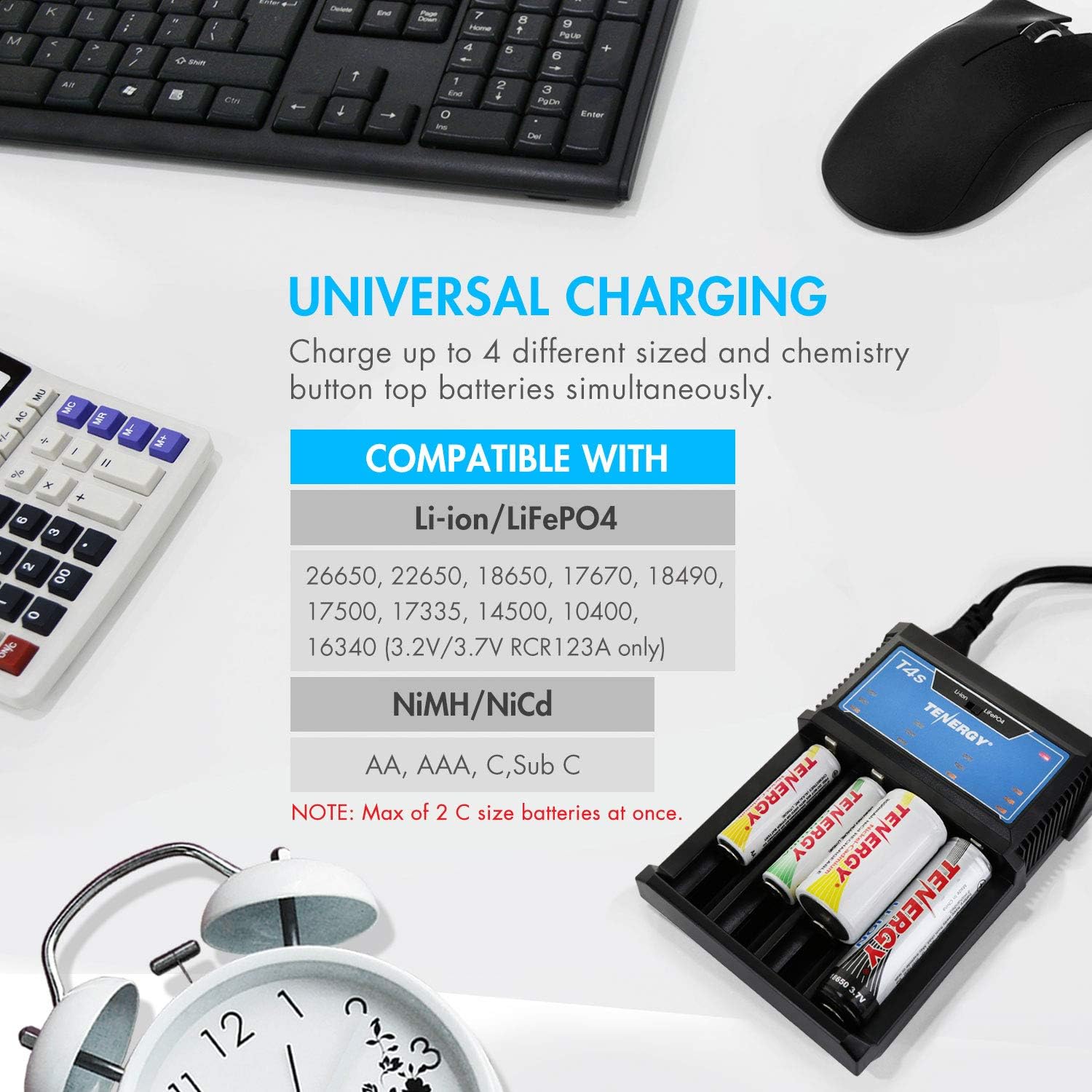 Tenergy Rechargeable NiMH C Batteries and T4s Battery Charger for Li-ion/NiMH/NiCd AA/AAA/C/18650 Batteries, 4 Pack C Size Battery Cells and Charger with Car Adapter