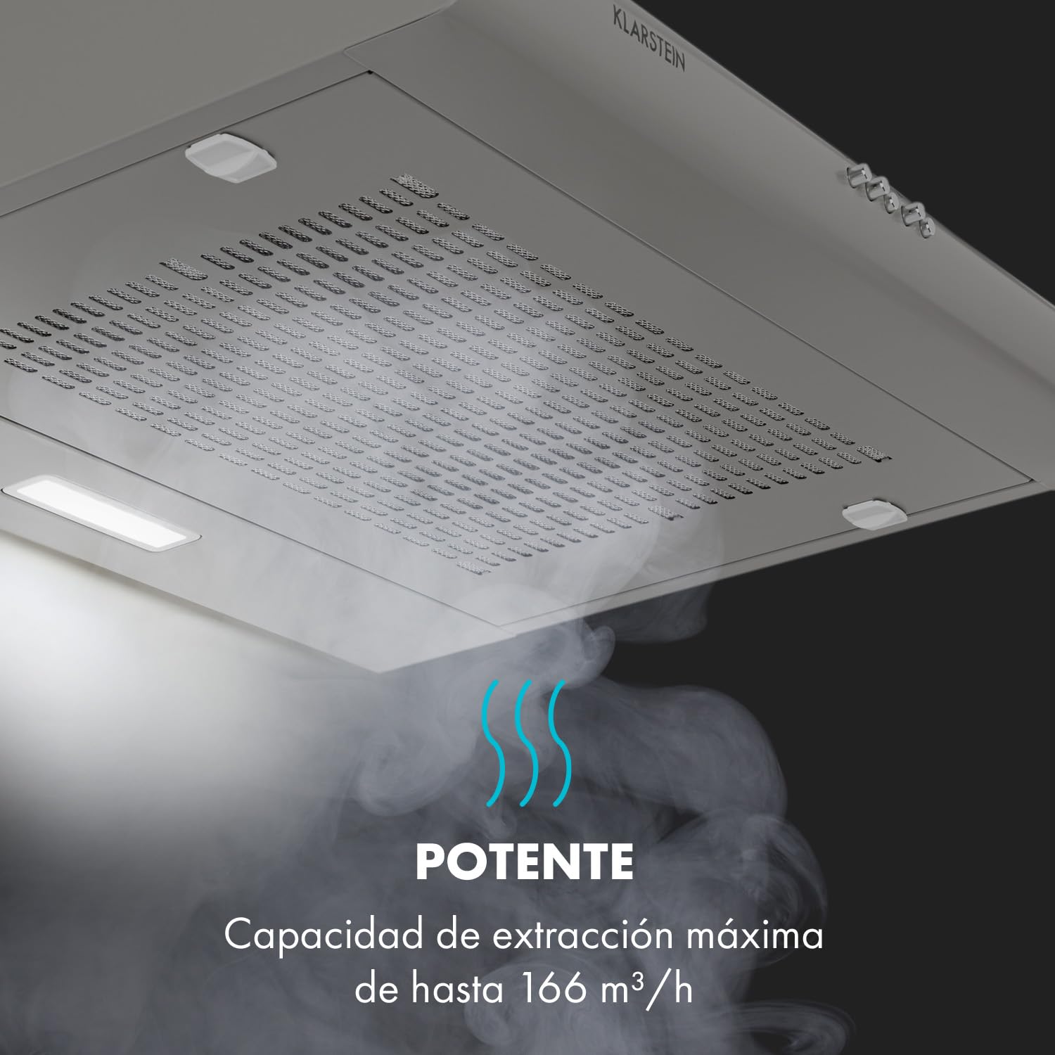 Klarstein Capannina - Campana extractora encastrable, Potencia extracción 166m³/h, 60cm, 3 potencias, EEC C, Panel de control, Filtro grasa de aluminio, Iluminación LED, Acero inoxidable, Plateado