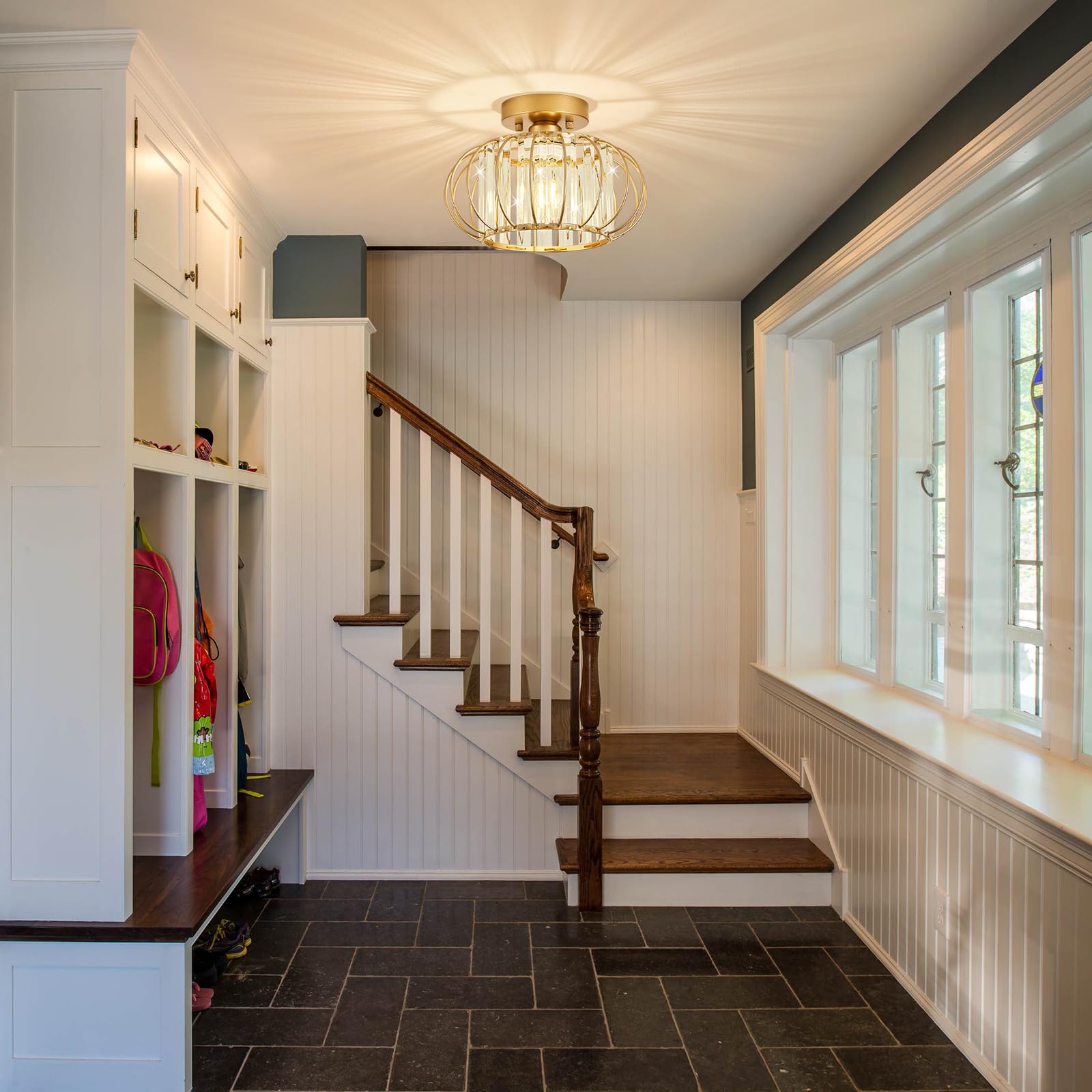 VIOLOEMI Modern Gold Ceiling Light, Crystal Bathroom Flush Mount Light Fixture with Cage, Metal Dining Room Ceiling Lamp for Hallway Bedroom Foyers Entrances(Bulb Not Include)