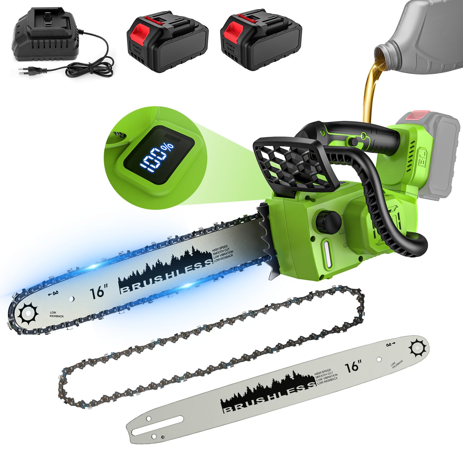 Tronçonneuse à Batterie 16 Pouces, Tronçonneuse Électrique sans fil avec 2 Batteries 4,0 Ah, Graissage Automatique & Tension de Chaîne Sans Outil, Moteur sans Balais, pour l'Élagage et Coupe Bois