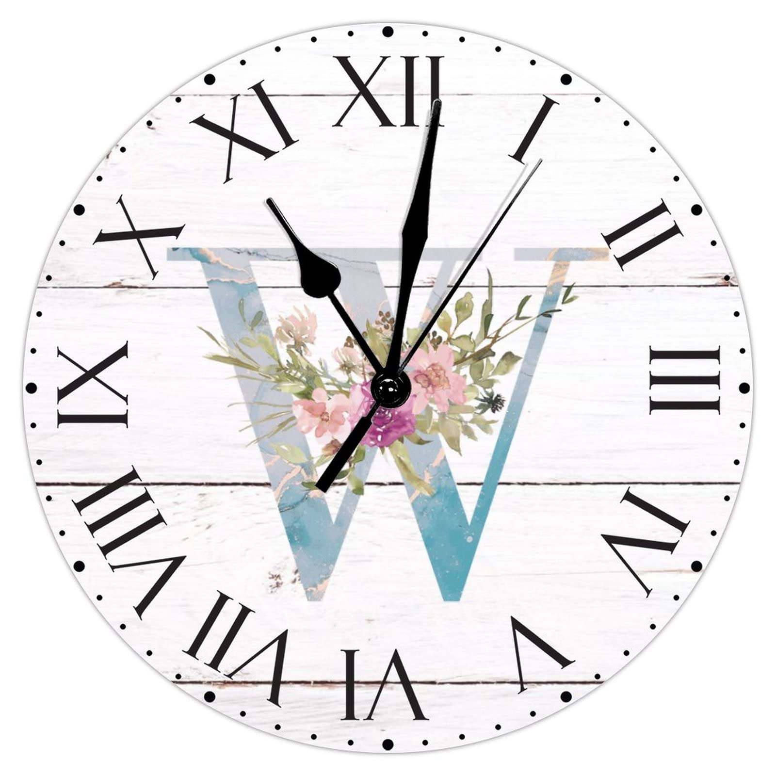Horloge murale en PVC monogramme W ronde 30,5 cm à chiffres romains et piles
