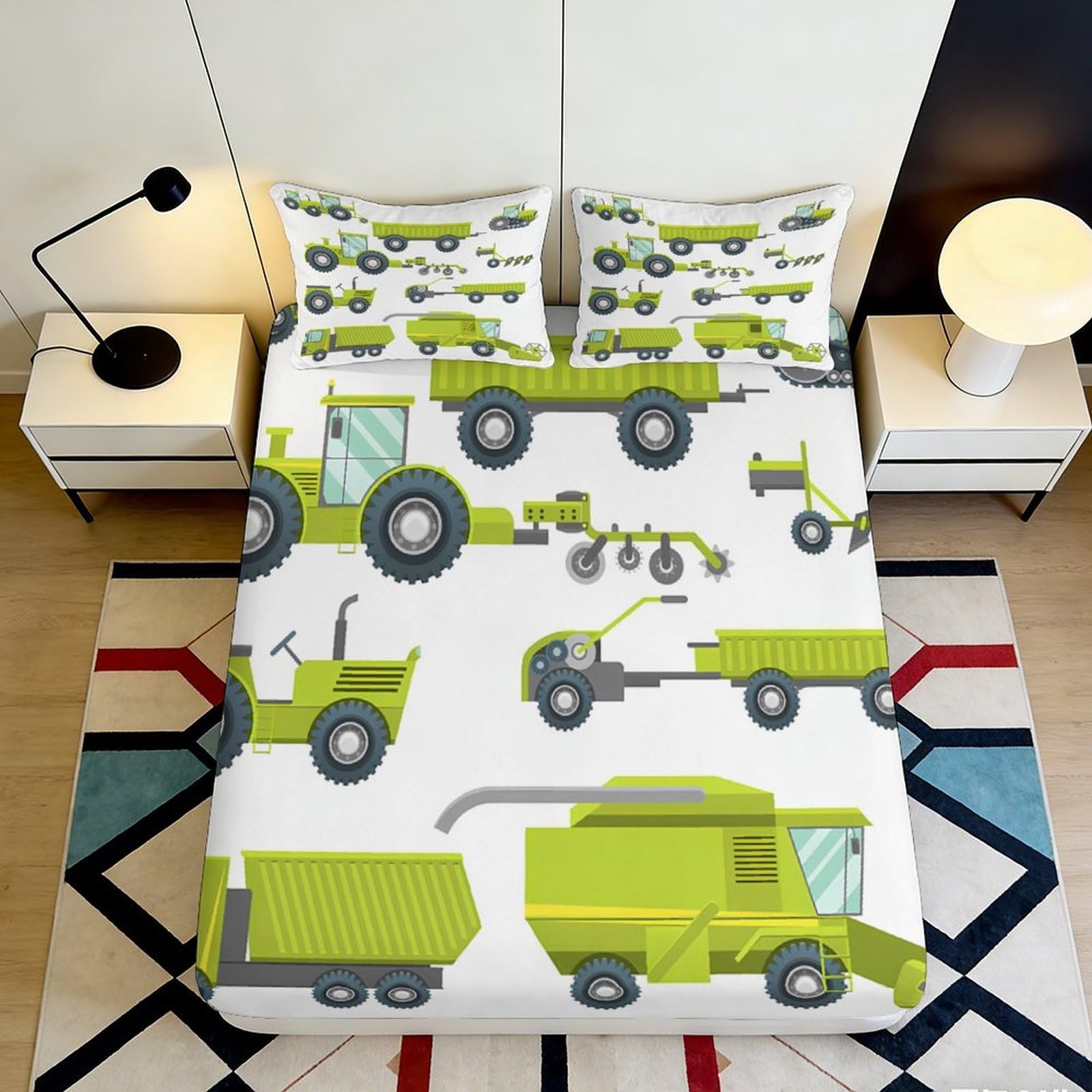 3D Printed Green Tractor Fitted Sheet Microfiber Anti-Slip Farm Vehicles Mattress Cover for Bedroom Guest Room Decor 180x200x25cm
