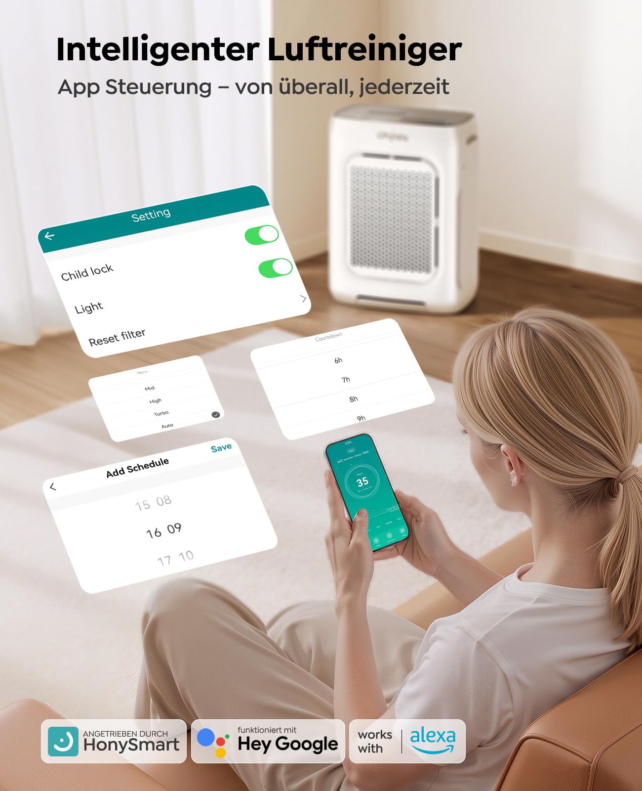 Luftreiniger Allergiker Air Purifier HEPA Luftfilter mit waschbarem Doppelfilter, CADR 450m³/h, Smart WiFi, 20dB Schlafmodus, AQI Anzeige, Aroma, Timer, gegen Staub Pollen, Haustiere & Raucher