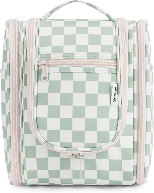 Narwey Petit sac de toilette suspendu Femmes Voyage articles de toilette Maquillage Sac cosmétique Maquillages Sacs pour Voyage Taille Essentiels Accessoires (Moyen, Monnaie Green Checkerboard)