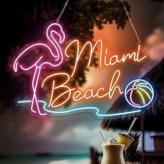 Miami Beach and Flamingo Neon Sign, Dimmable Led, Signs for Wall Decor, Miami Wave Island Neon Lights for Beach, Vacation, Party, Room, Man Cave